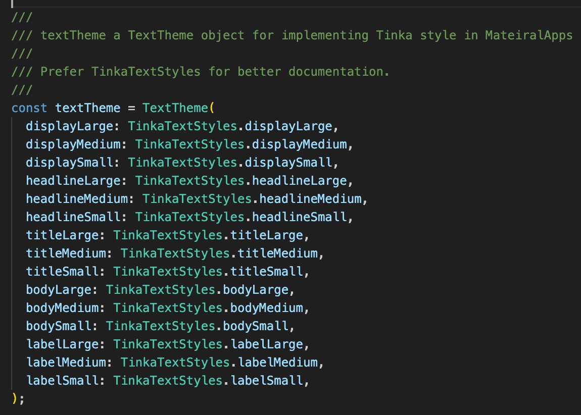 a screenshot of the TextTheme object in our codebase